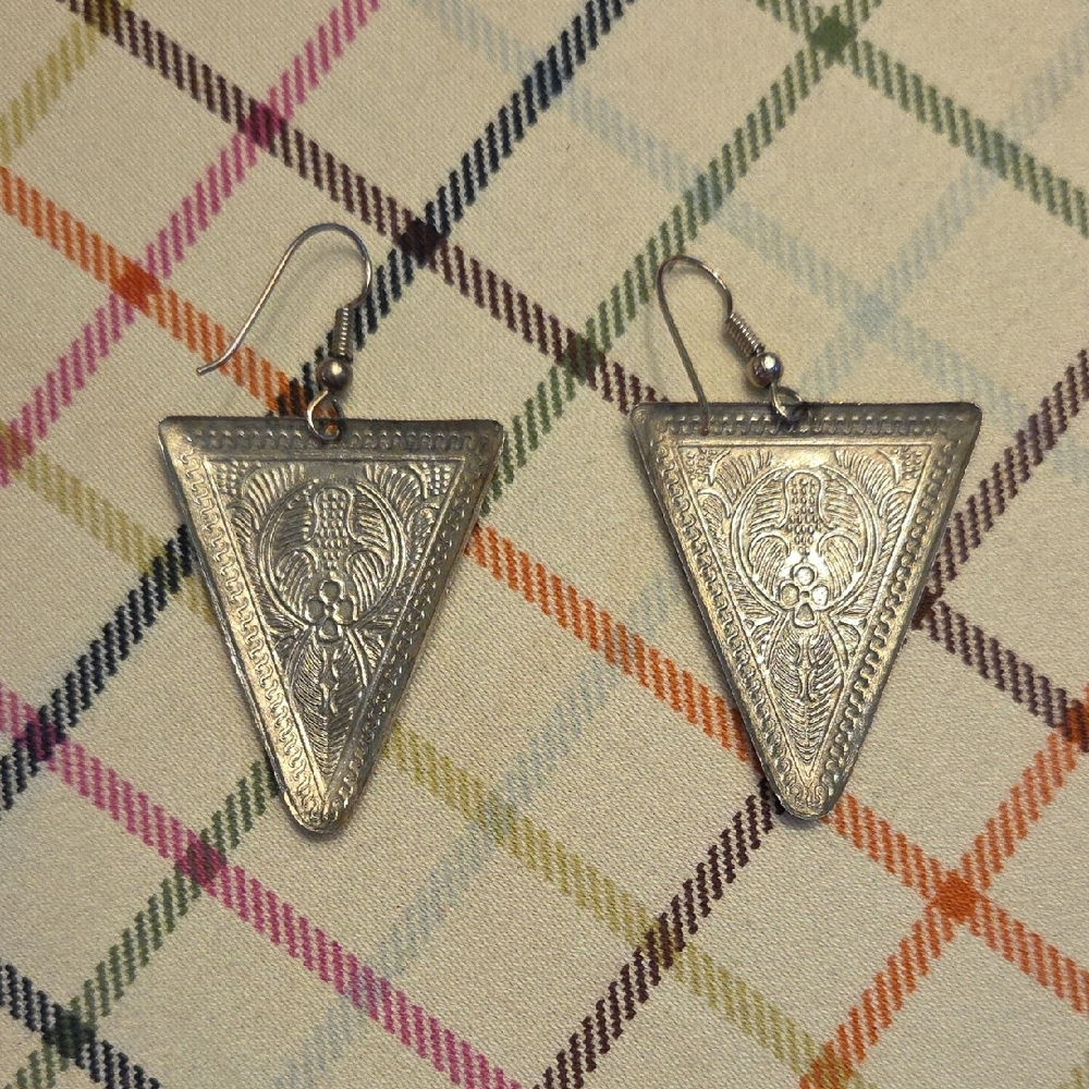 Silver Triangle Dangle Earrings - Picture 2 of 3